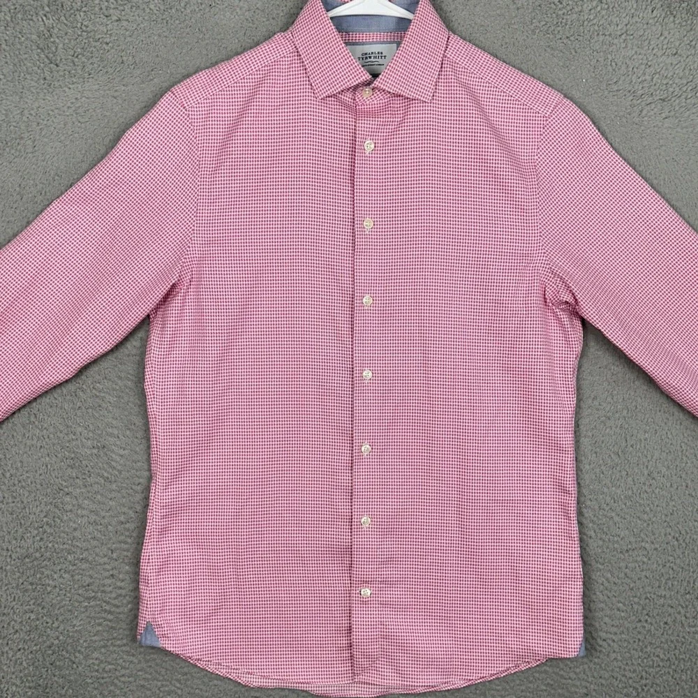 Charles Tyrwhitt Shirt Mens 15.5-34 Non-Iron Slim Fit Pink Micro-Check Dress EUC